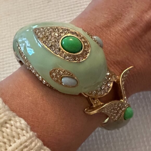 Vintage Signed J. Crew Dolphin Enamel, Gold Tone and Rhinestone Clamp Bracelet - Picture 1 of 3